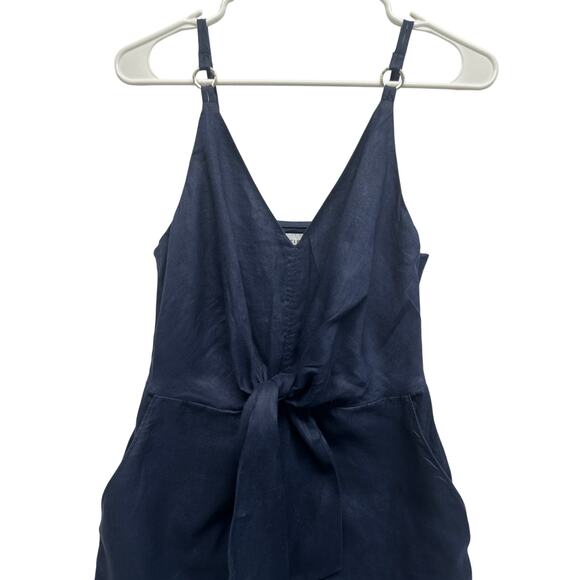 Reiss Navy Linen Tie Front Midi Dress Size 2 Adjustable Straps V-Neck Slit Hem - Picture 4 of 14